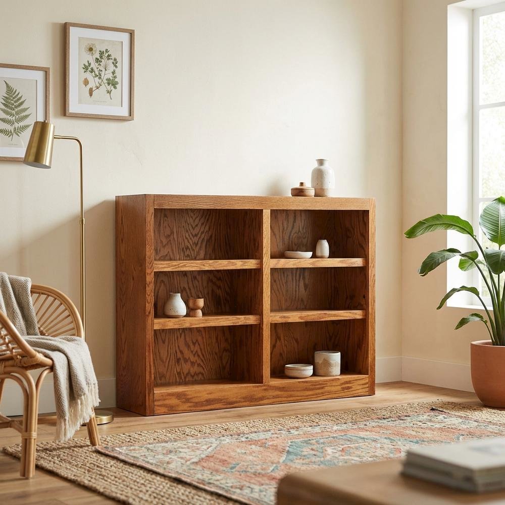 Dry Oak Finish Double Wide Bookcase with 6 Shelves and Sturdy Construction