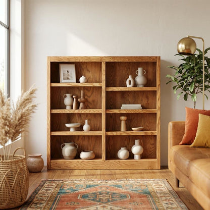 Double Wide Bookcase with 8 Shelves in Dry Oak Finish for Spacious Storage