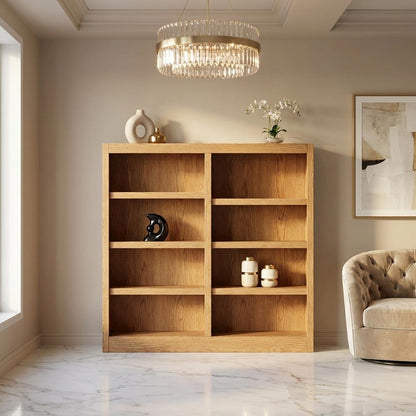 Double Wide Bookcase with 8 Shelves in Dry Oak Finish for Spacious Storage