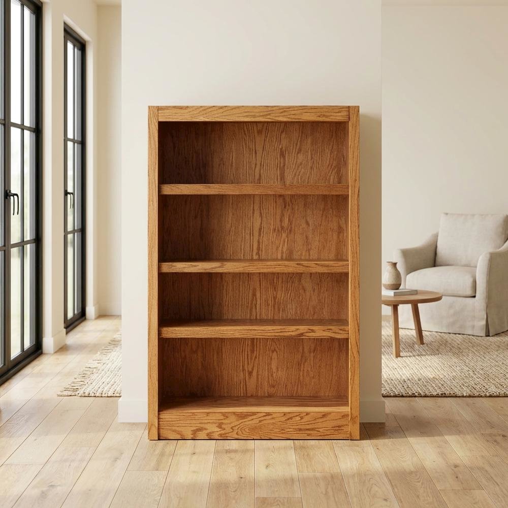 Wide Bookcase with 4 Shelves in Rustic Oak Finish for Organized Storage