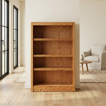 Wide Bookcase with 4 Shelves in Rustic Oak Finish for Organized Storage