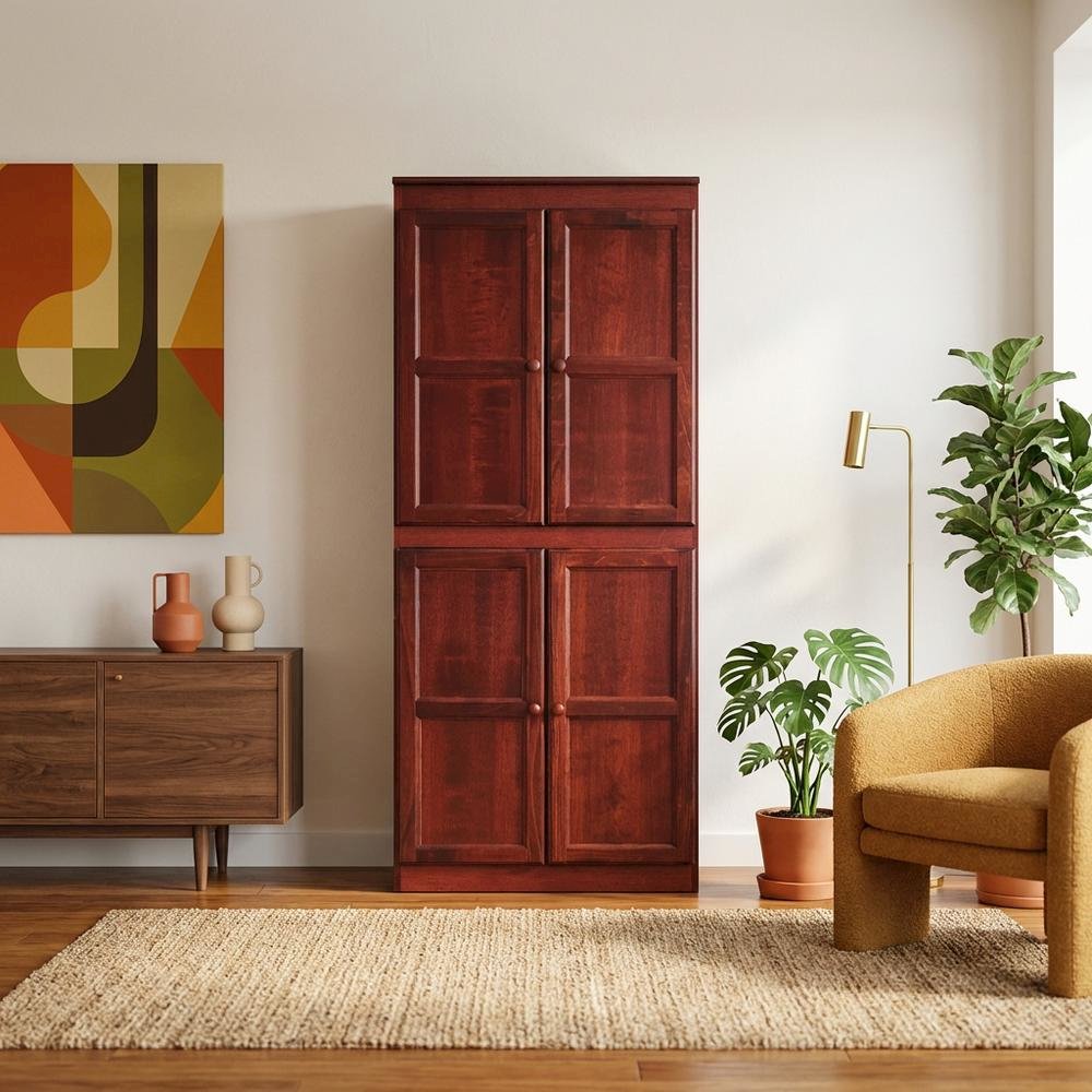 Cherry 5-Shelf Storage Cabinet, 30x72 Inch, Solid Wood, Self-Closing