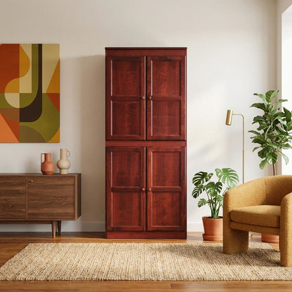 Cherry 5-Shelf Storage Cabinet, 30x72 Inch, Solid Wood, Self-Closing