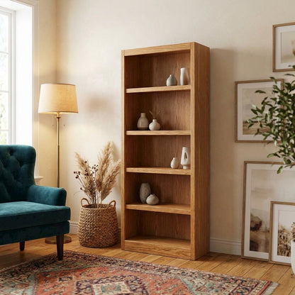 Single Wide Bookcase with 5 Shelves in Dry Oak Finish for Spacious Storage
