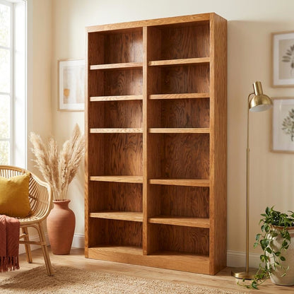 Double Wide Bookcase with Oak Finish and 12 Shelves for ample storage