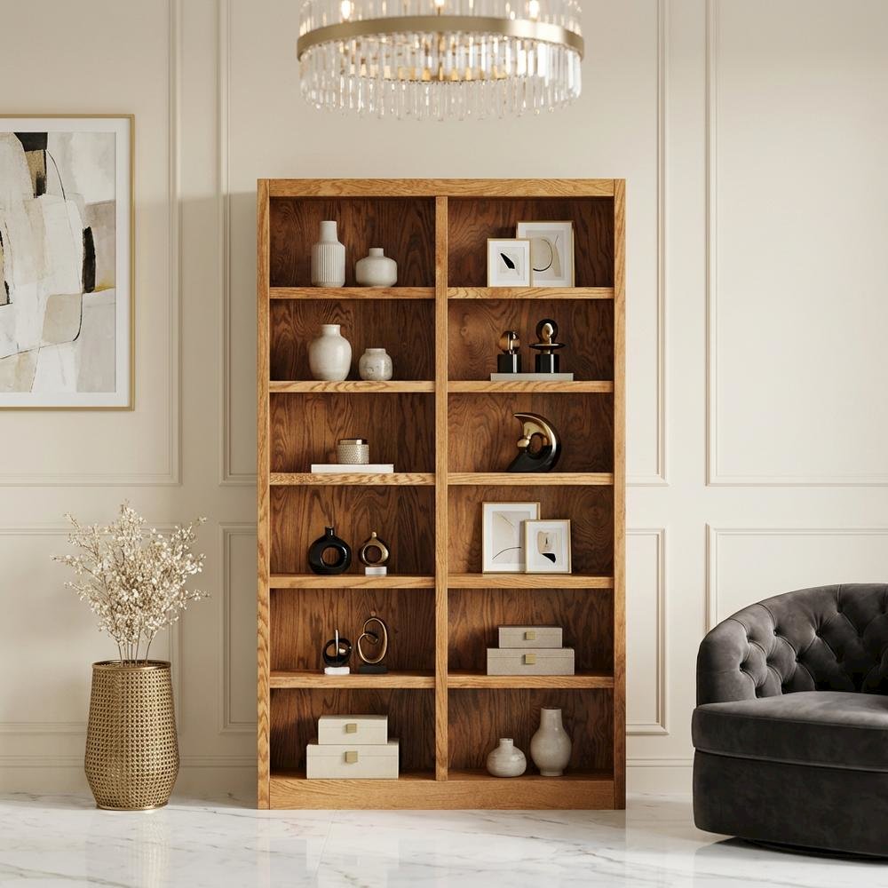 Double Wide Bookcase with Oak Finish and 12 Shelves for ample storage