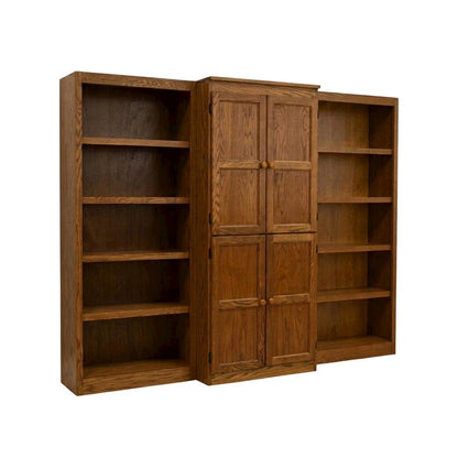 Dry oak finish wall and storage system with 15 shelves and durable construction