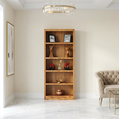 Single Wide Bookcase with 5 Shelves in Dry Oak Finish for Spacious Storage