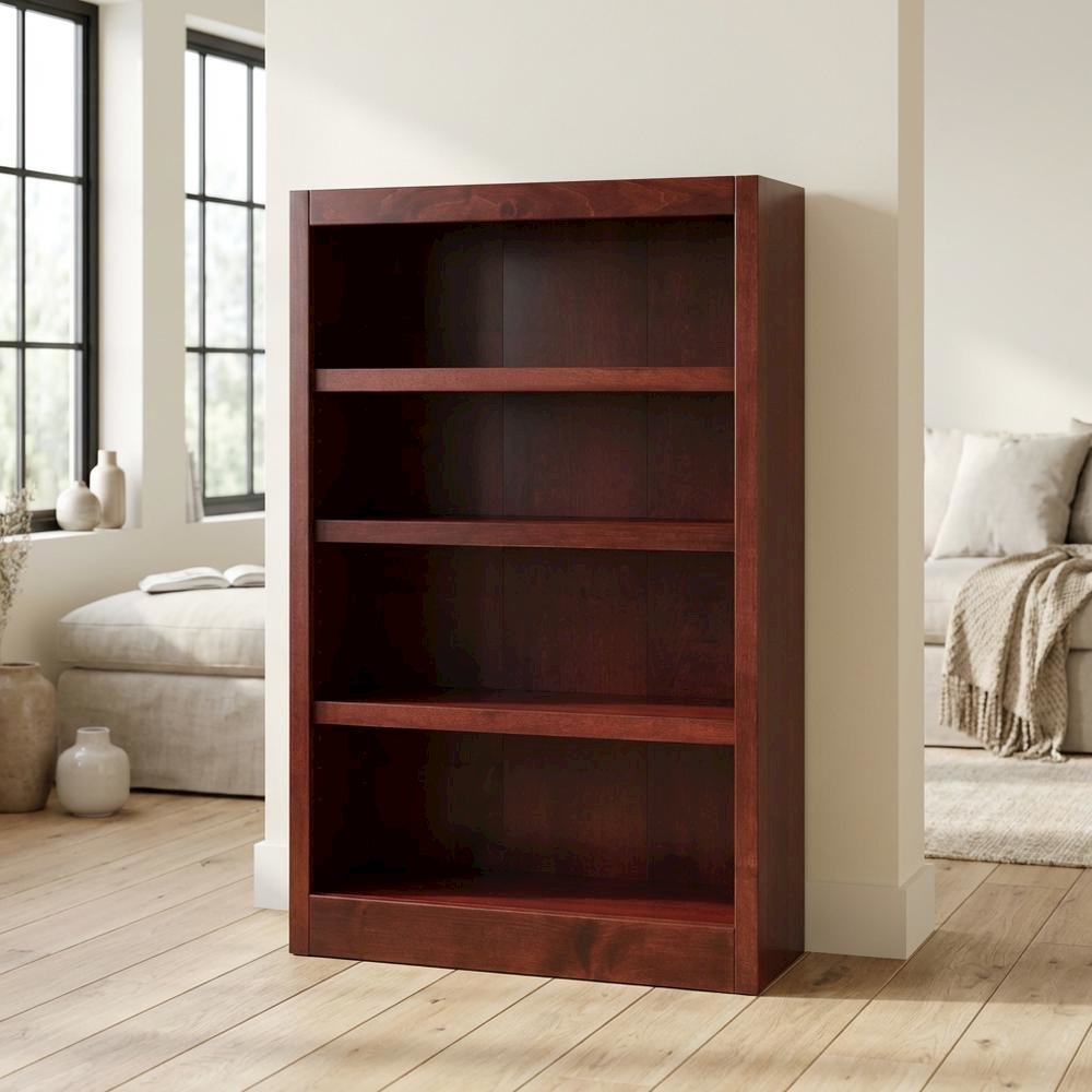 Cherry finish single wide bookcase, 4 adjustable, fixed shelves, sturdy design