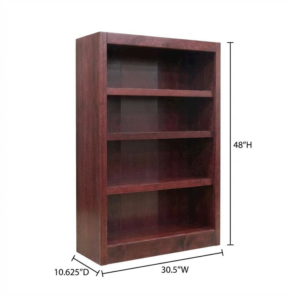 Cherry finish single wide bookcase, 4 adjustable, fixed shelves, sturdy design