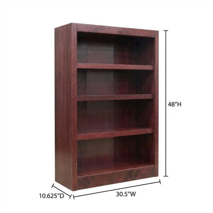 Cherry finish single wide bookcase, 4 adjustable, fixed shelves, sturdy design