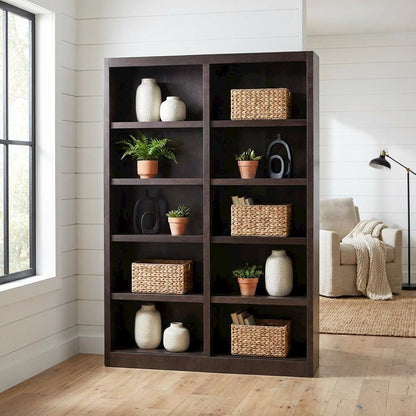 Espresso Finish Double Wide Bookcase with 10 Shelves and Adjustable Storage