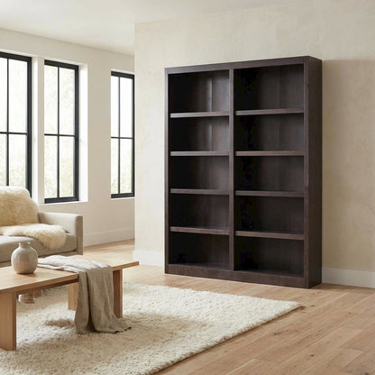 Espresso Finish Double Wide Bookcase with 10 Shelves and Adjustable Storage