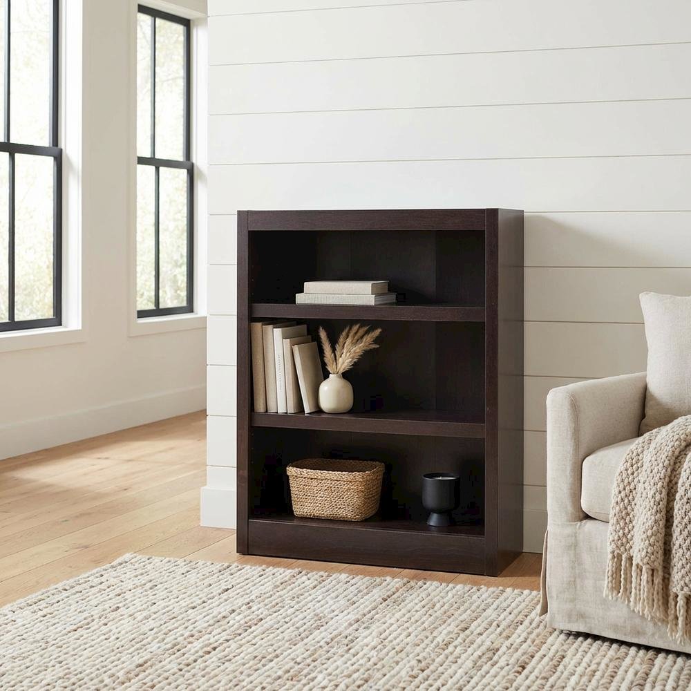 Espresso Finish Single Wide Bookcase with 3 Shelves and Sturdy Construction
