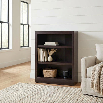 Espresso Finish Single Wide Bookcase with 3 Shelves and Sturdy Construction