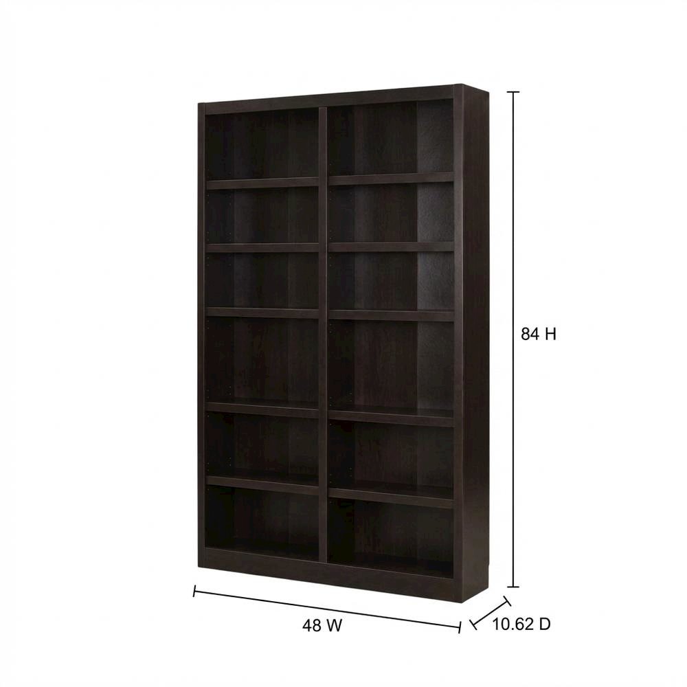 Espresso Double Wide Bookcase with 12 Shelves and Adjustable Storage