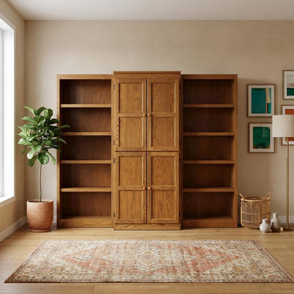 Dry oak finish wall and storage system with 15 shelves and durable construction