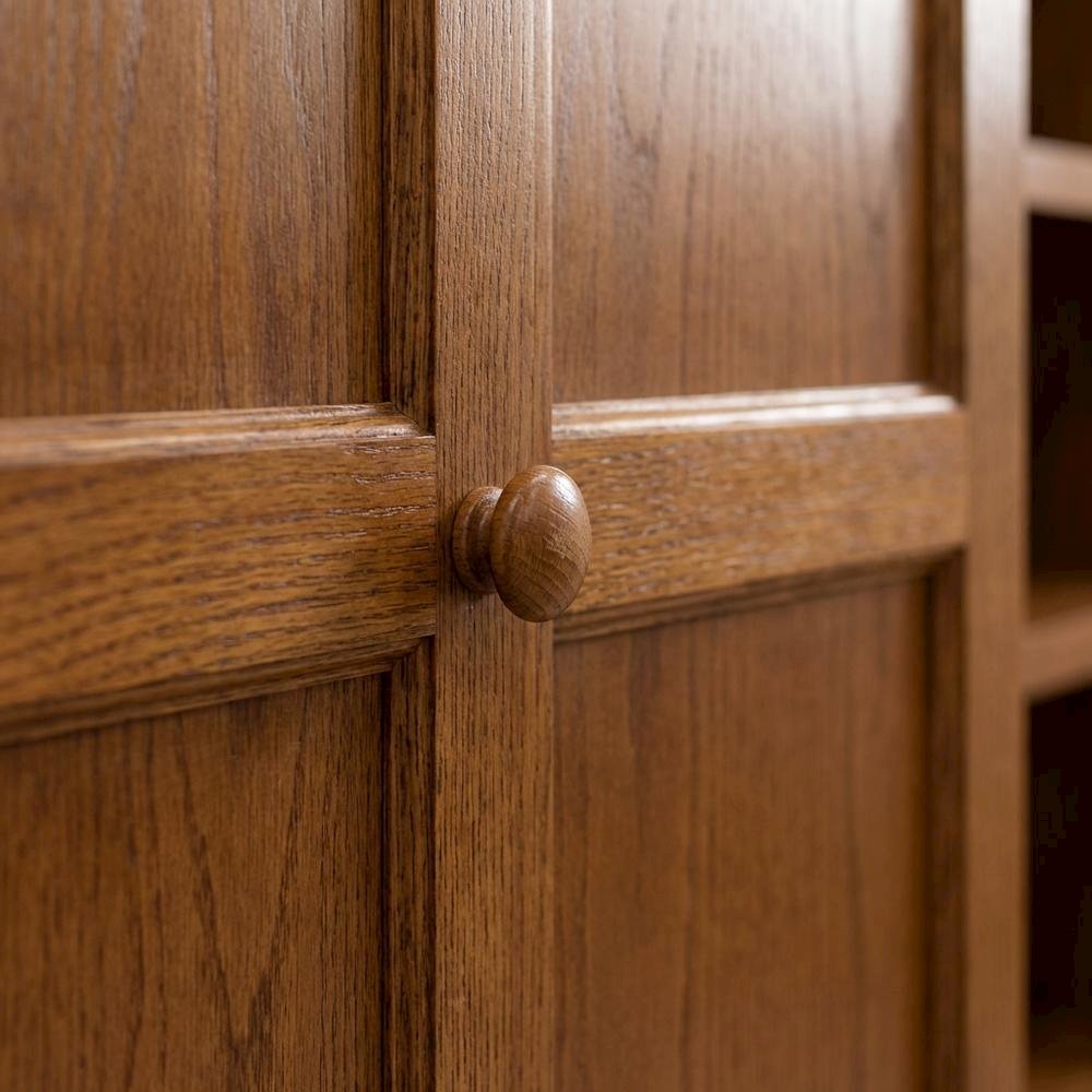 Dry oak finish wall and storage system with 15 shelves and durable construction