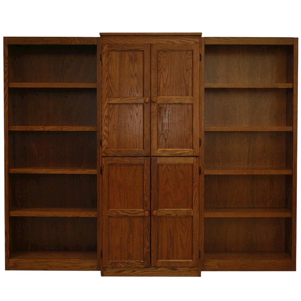 Dry oak finish wall and storage system with 15 shelves and durable construction