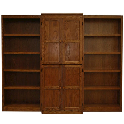 Dry oak finish wall and storage system with 15 shelves and durable construction