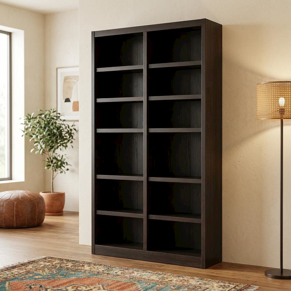 Espresso Double Wide Bookcase with 12 Shelves and Adjustable Storage