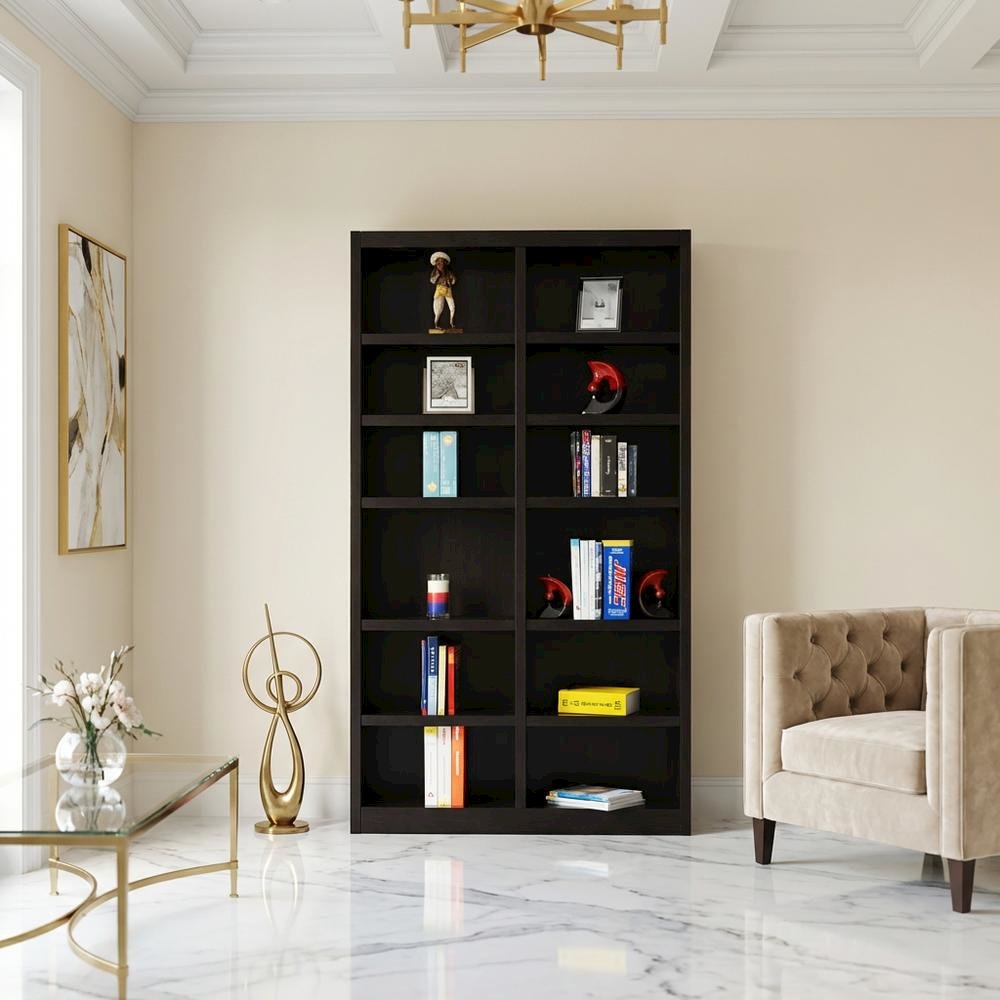 Espresso Double Wide Bookcase with 12 Shelves and Adjustable Storage