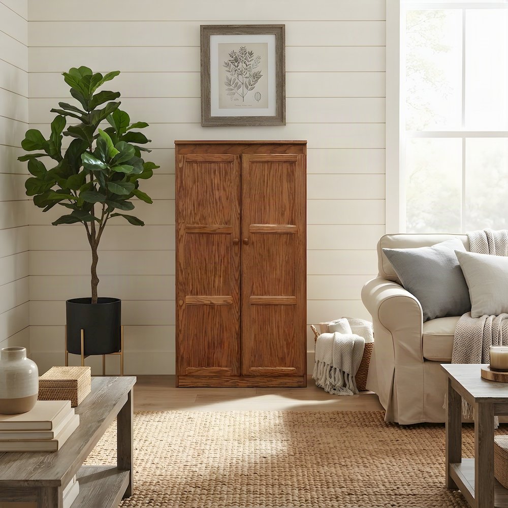 Wood-Finish Storage Cabinet with 4 Shelves and Self-Closing Hinges