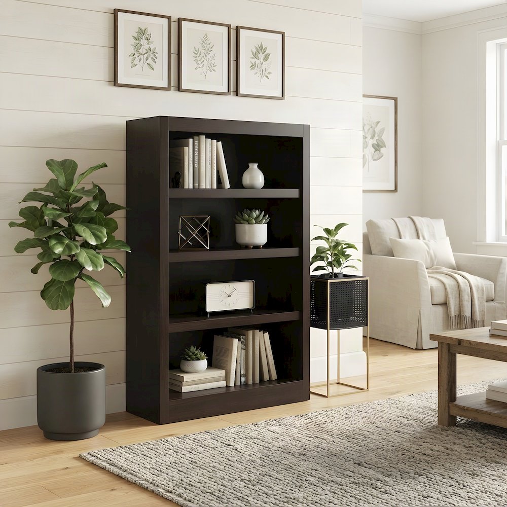 Engineered Wood Single Wide Bookcase with 4 Shelves, Open Storage, Espresso
