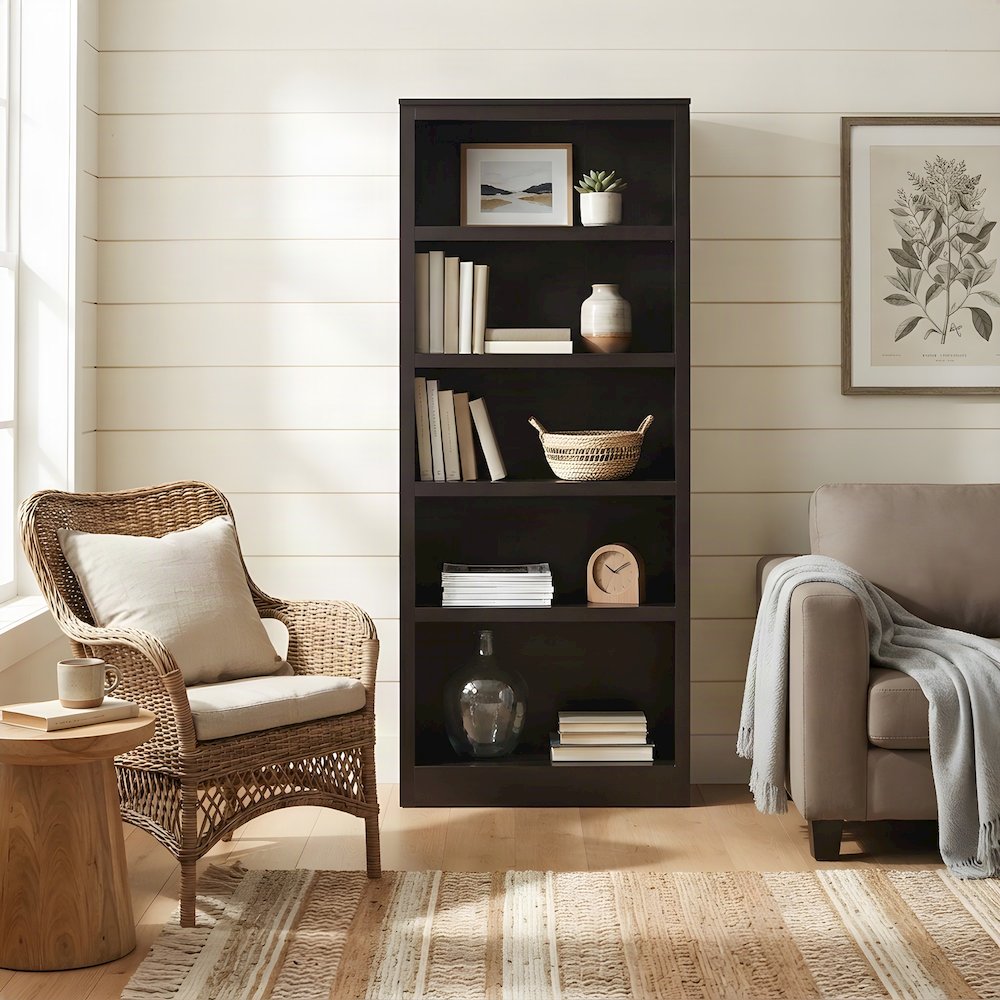 Wood Single Wide Bookcase, 5 Shelves with 70 lb Shelf Capacity, Espresso