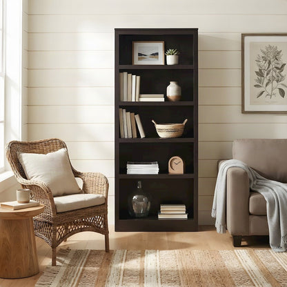 Wood Single Wide Bookcase, 5 Shelves with 70 lb Shelf Capacity, Espresso
