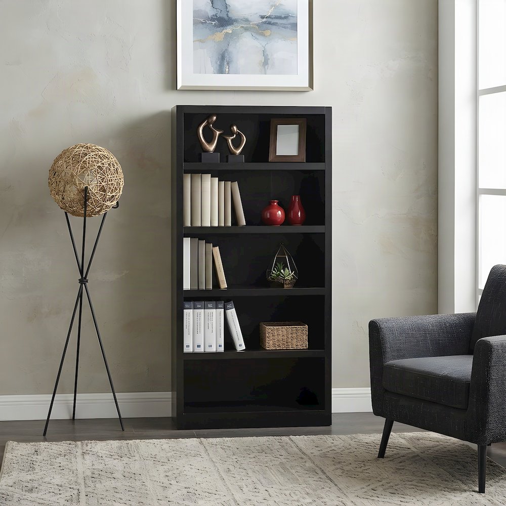 Wood Single Wide Bookcase, 5 Shelves with 70 lb Shelf Capacity, Espresso
