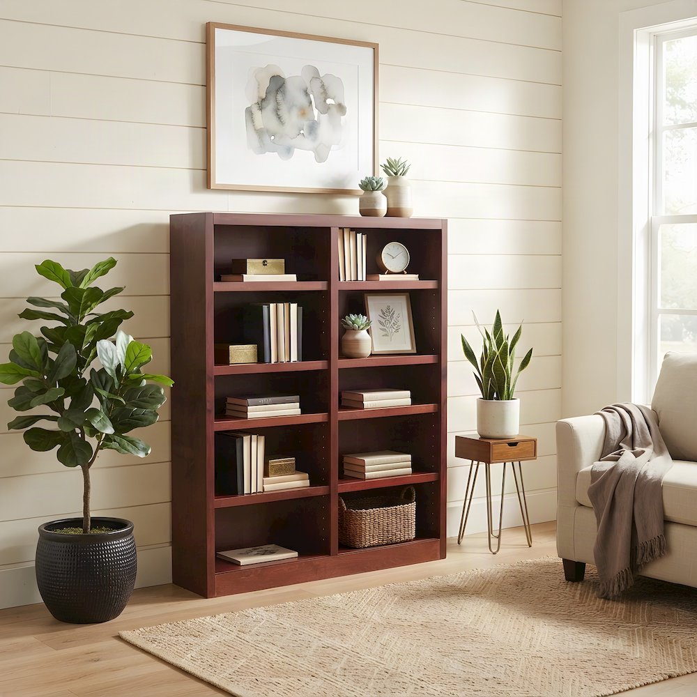 Engineered Wood Double Wide Bookcase with 12 Shelves, Floor Standing, Cherry
