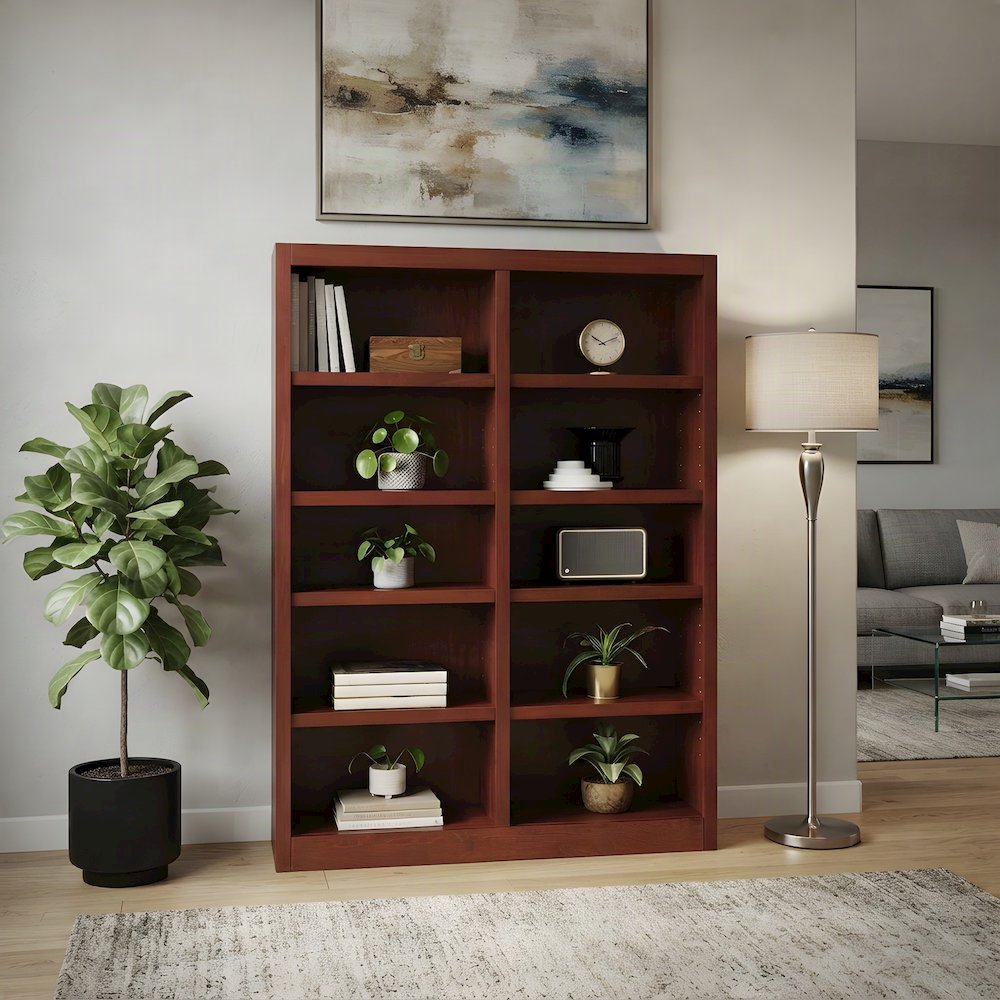 Engineered Wood Double Wide Bookcase with 12 Shelves, Floor Standing, Cherry
