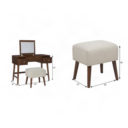 Birch Veneer Vanity Set with Flip-Top Mirror and Upholstered Stool, Brown