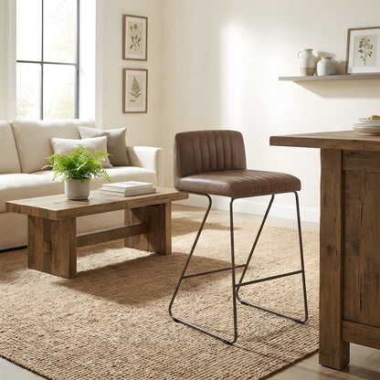 Faux Leather Counter Stool with Channel-Tufted Bucket Seat and Gold Legs