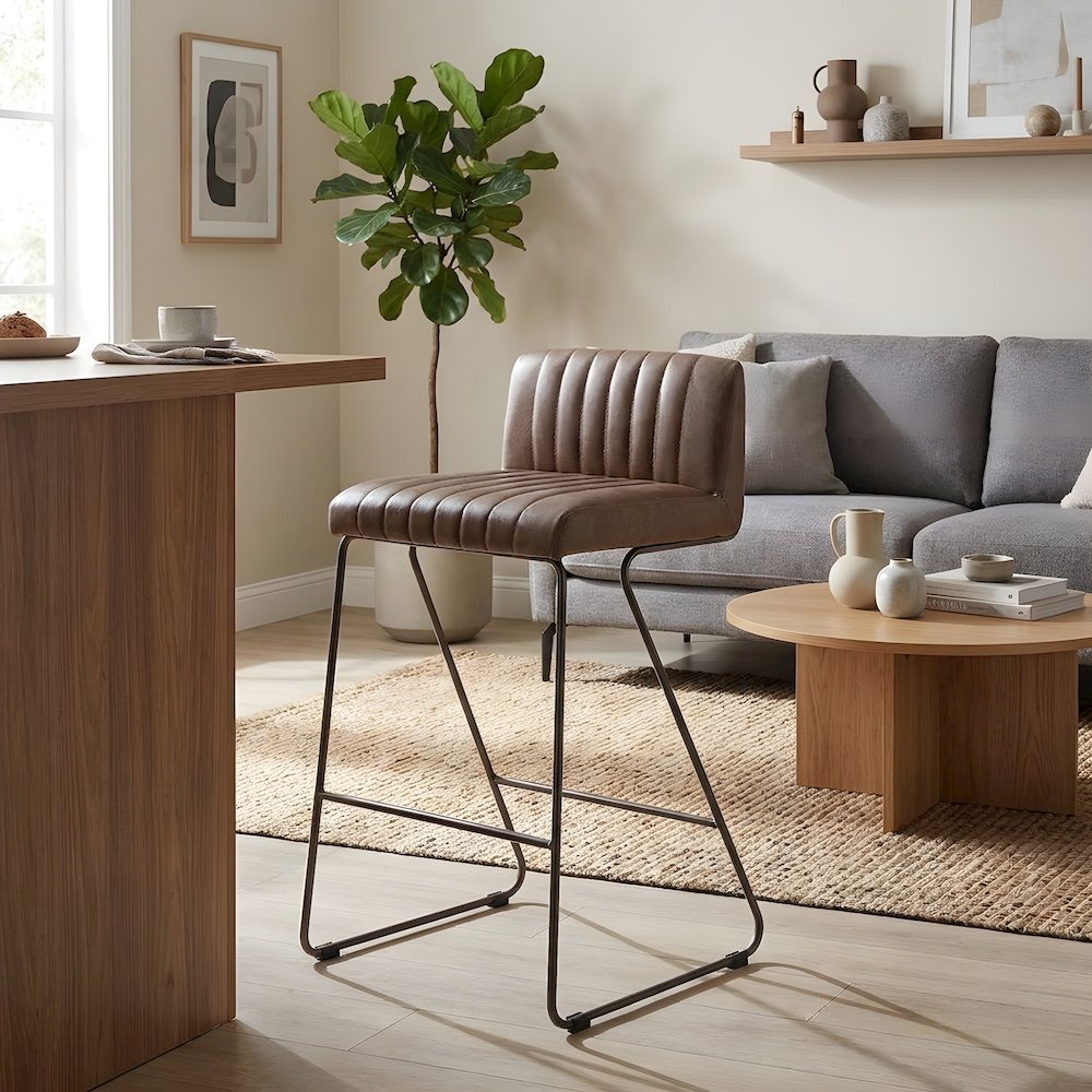Faux Leather Counter Stool with Channel-Tufted Bucket Seat and Gold Legs