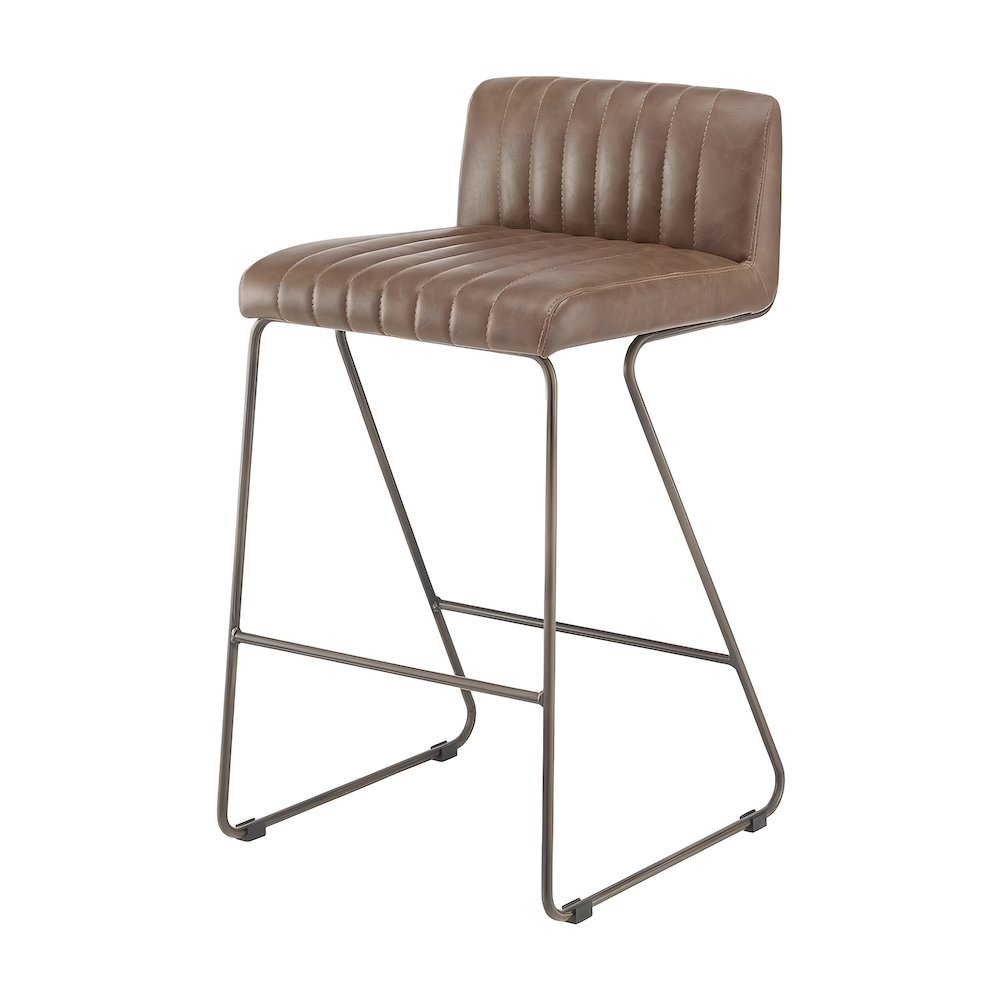 Faux Leather Counter Stool with Channel-Tufted Bucket Seat and Gold Legs