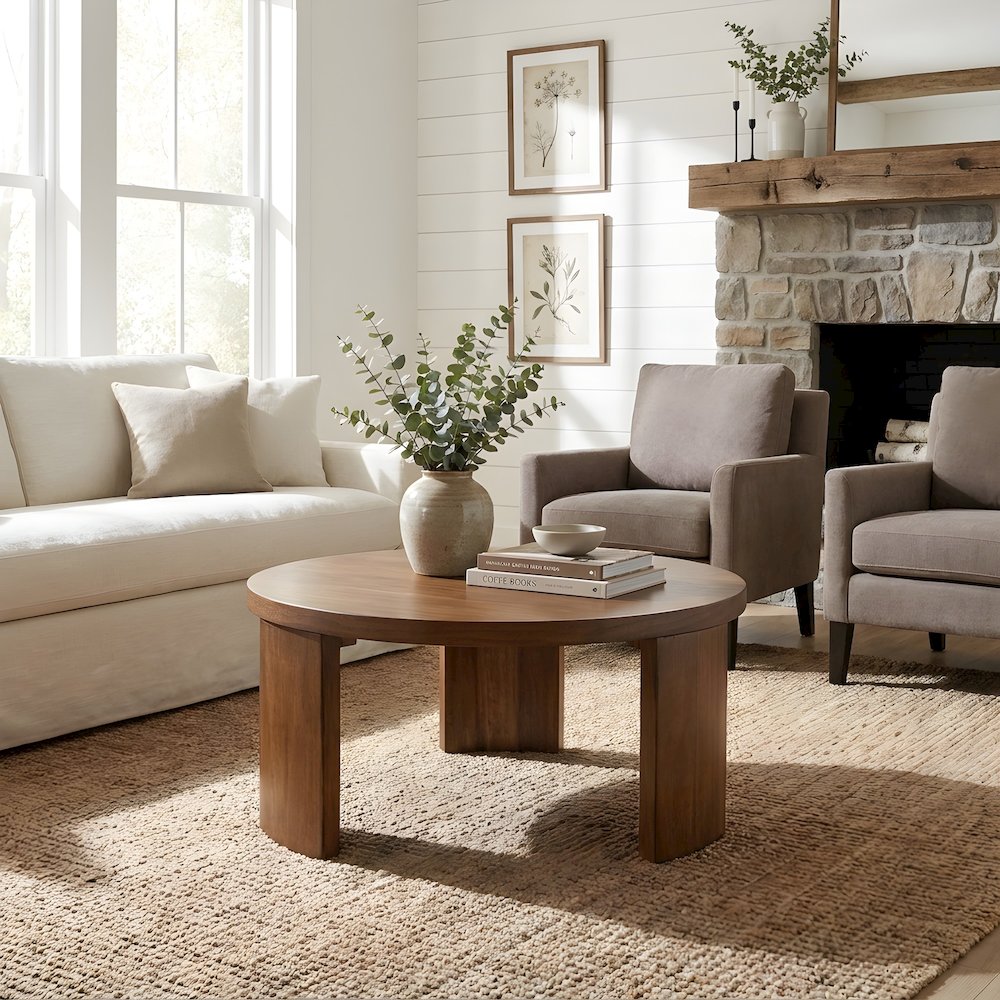 Wood Veneer Round Coffee Table with Panel-Style Legs, Living Room Accent