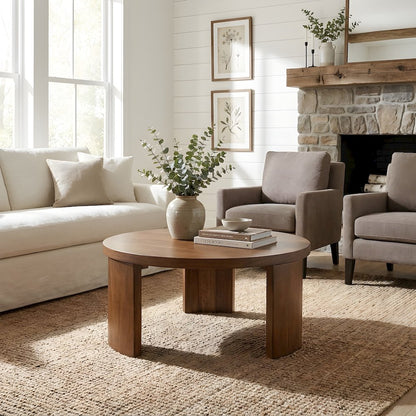 Wood Veneer Round Coffee Table with Panel-Style Legs, Living Room Accent