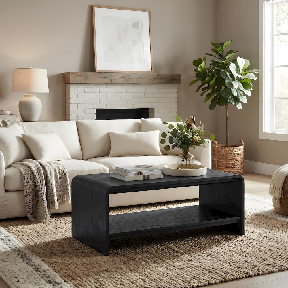 Faux Wood Veneer Rectangular Coffee Table with Open Bottom Shelf for Living Room