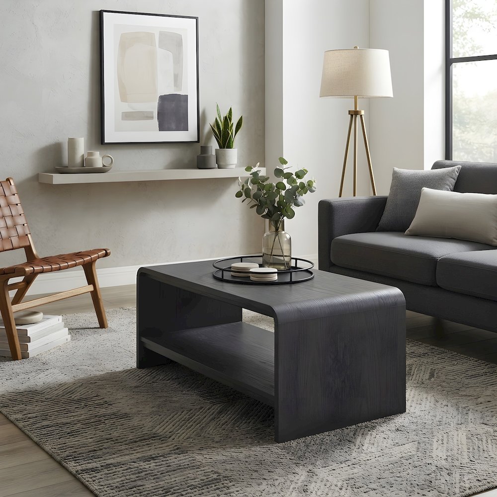 Faux Wood Veneer Rectangular Coffee Table with Open Bottom Shelf for Living Room