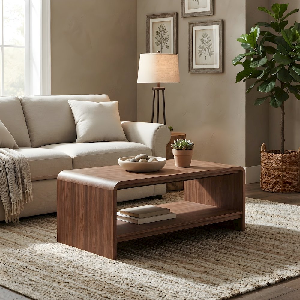Wood Veneer Rectangular Coffee Table with Open-Shelf Storage