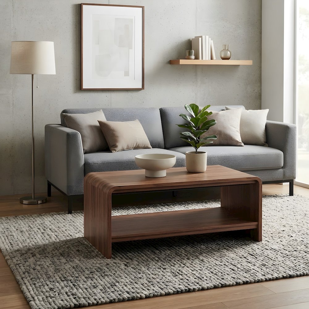 Wood Veneer Rectangular Coffee Table with Open-Shelf Storage