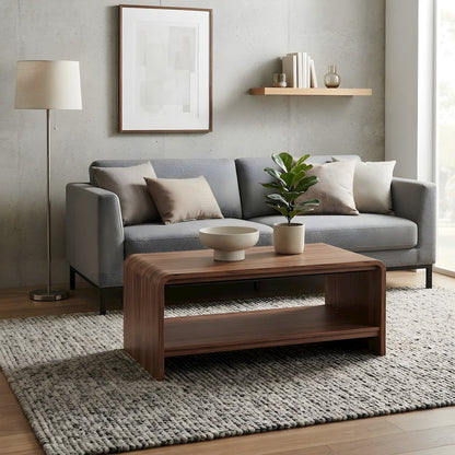 Wood Veneer Rectangular Coffee Table with Open-Shelf Storage