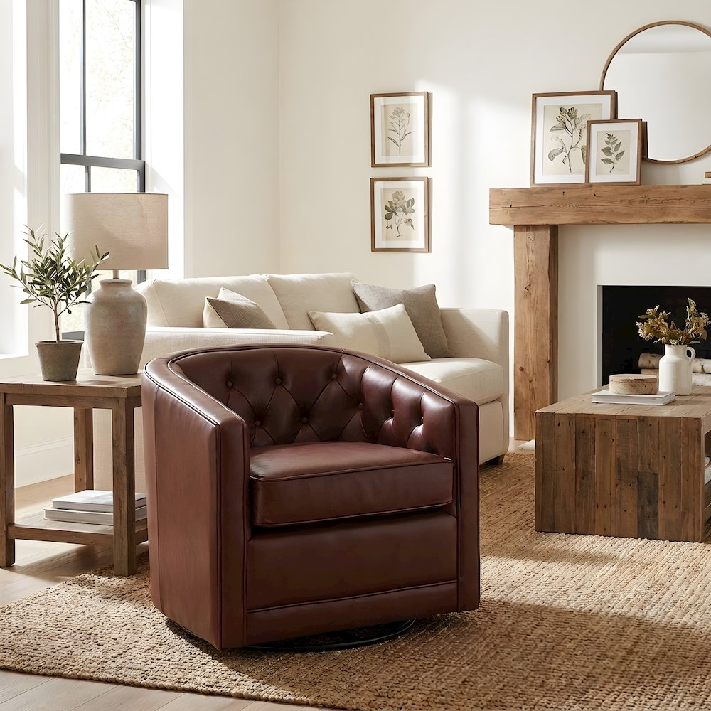Top Grain Leather Swivel Accent Arm Chair with Tufted Back for Living Room