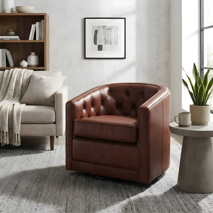 Top Grain Leather Swivel Accent Arm Chair with Tufted Back for Living Room