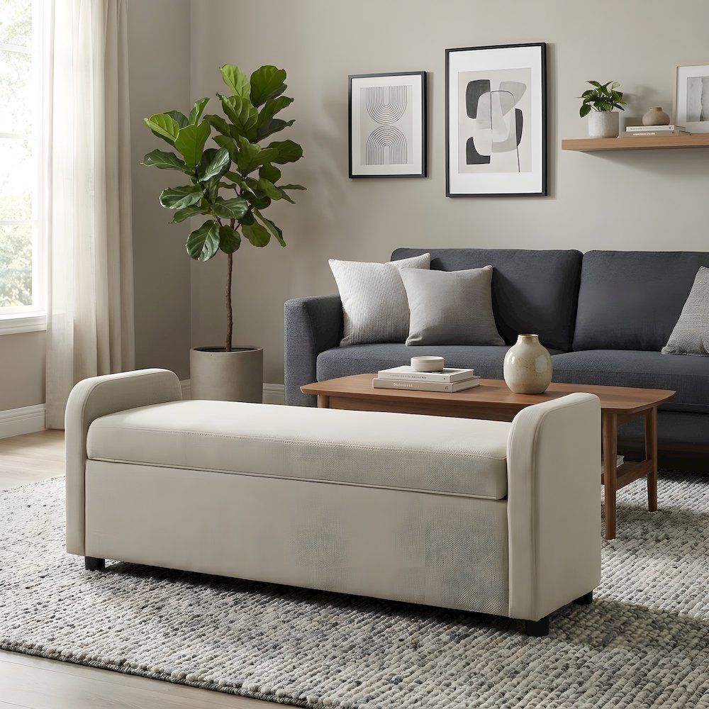 Fabric Upholstered Storage Bench with Lift-Top Seat and Black Legs