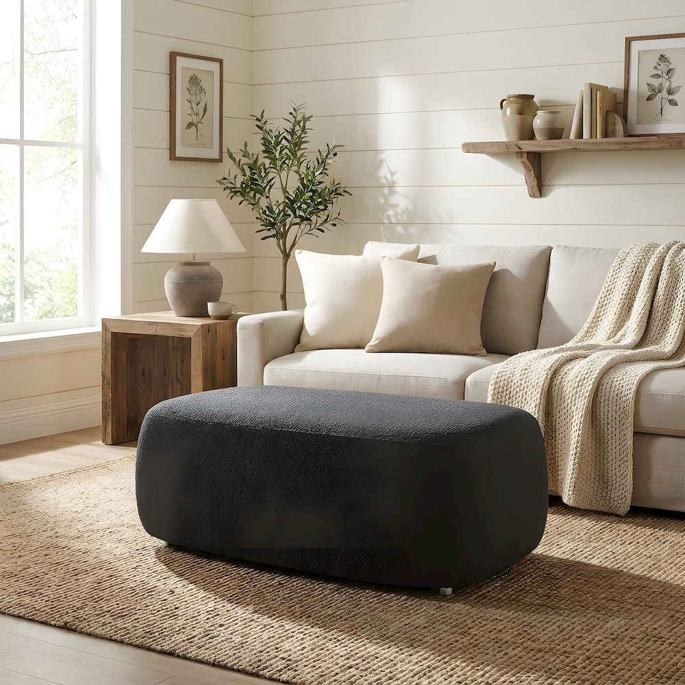 Boucle Fabric Big Ottoman with Solid Larch Wood Frame and Floor Accent