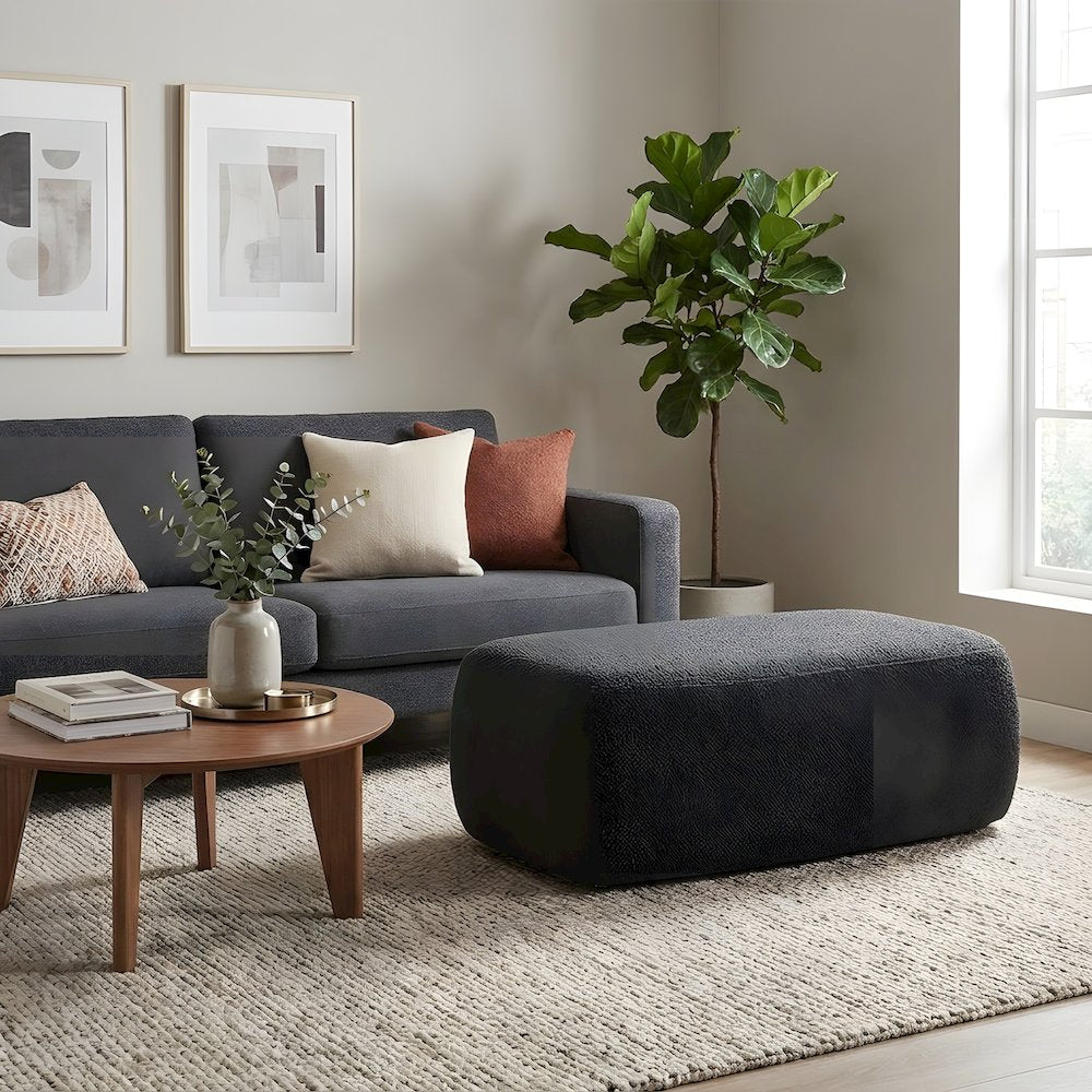 Boucle Fabric Big Ottoman with Solid Larch Wood Frame and Floor Accent