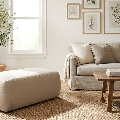 Boucle Upholstered Oversized Ottoman with Solid Larch Wood Frame